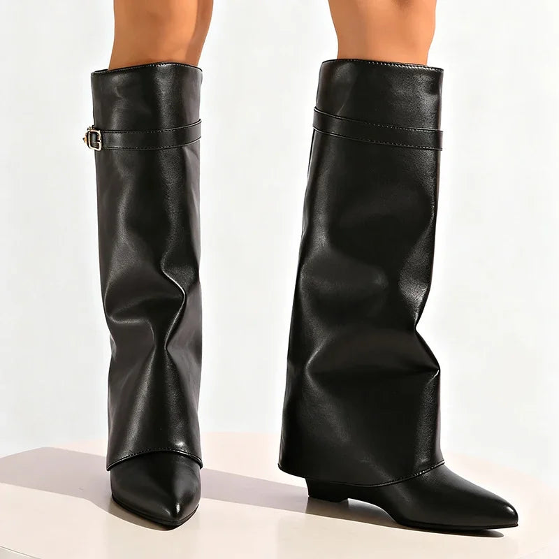 Noire Sculpted Leather Slouch Boots
